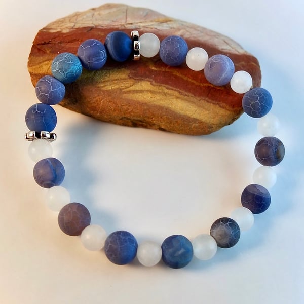 Frosted Blue Agate And White Jade Bracelet - Father's Day, Gifts For Men