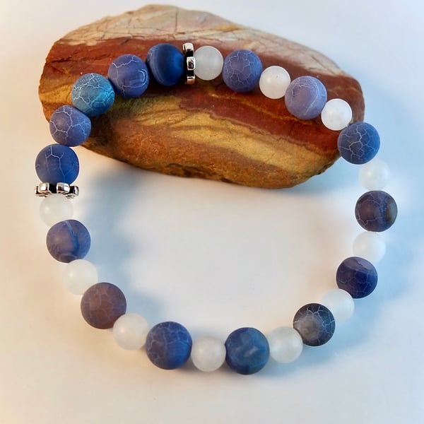 Frosted Blue Agate And White Jade Bracelet - Handmade In Devon