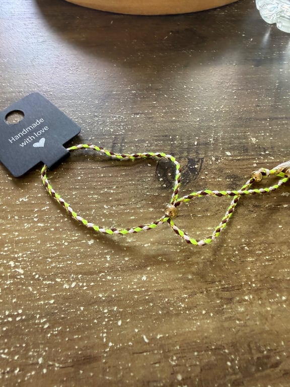 Handmade Neon Green Braided Cord Bracelet with Gold Beads