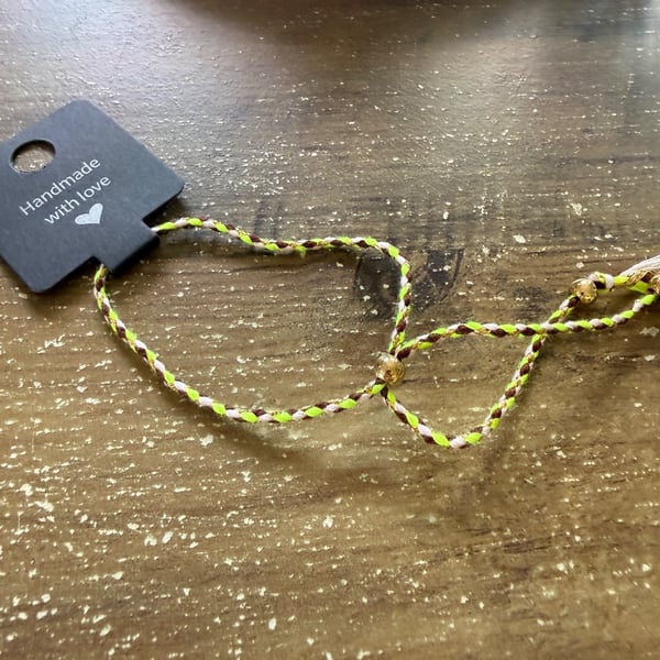 Handmade Neon Green Braided Cord Bracelet with Gold Beads