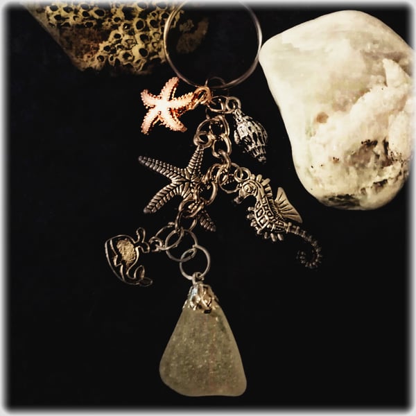 Unique Cornish Seaglass Keyring With Enamel, Silver and Brass Charms 