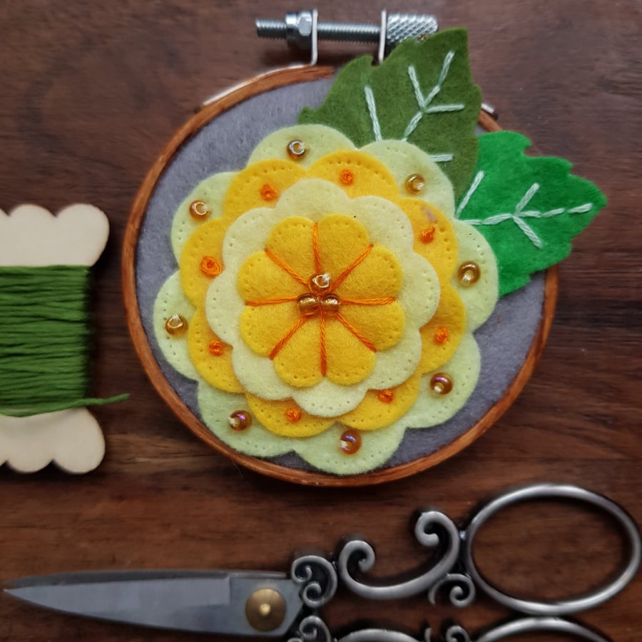 Whimsical Spring Garden handmade wall decoration, keepsake, yellow and grey