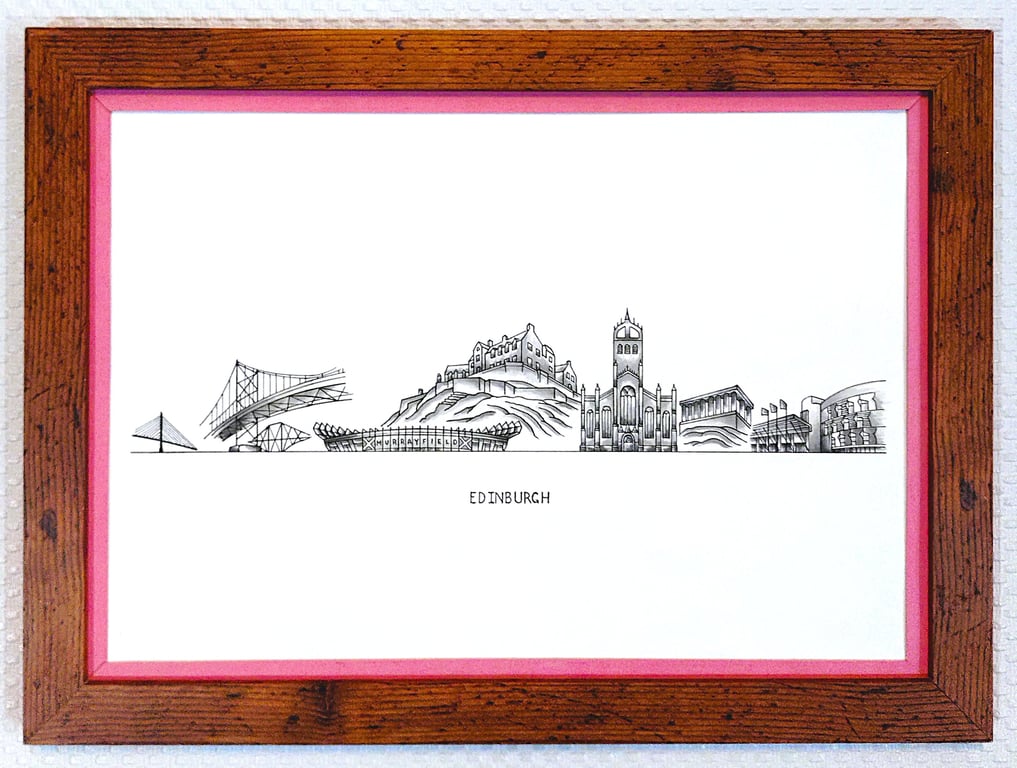 Edinburgh Cityscape Handmade Unique Framed A3 Print Pink Border Wallart Gift