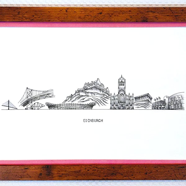 Edinburgh Cityscape Handmade Unique Framed A3 Print Pink Border Wallart Gift