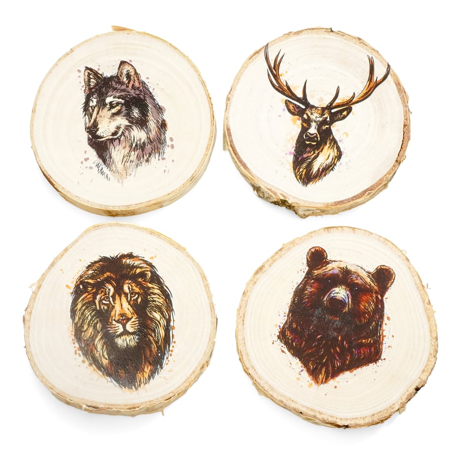 Round wooden coasters, set of 4, animal print, great housewarming gift
