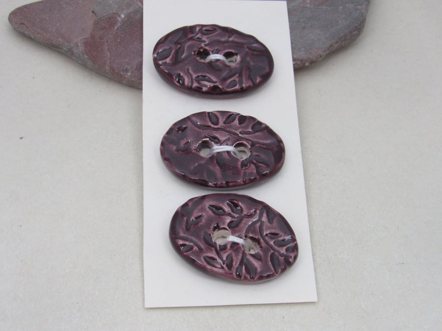 3 Medium Oval Aubergine Purple Leaf Pattern Ceramic Buttons