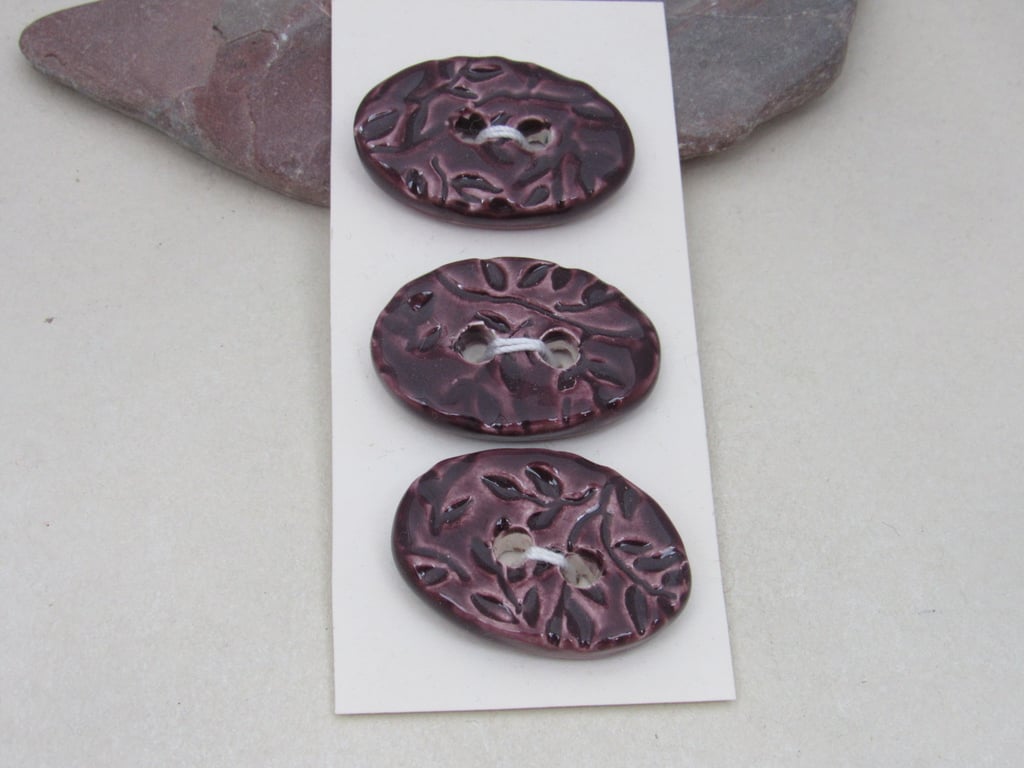 3 Medium Oval Aubergine Purple Leaf Pattern Ceramic Buttons