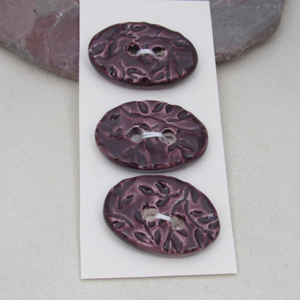 3 Medium Oval Aubergine Purple Leaf Pattern Ceramic Buttons