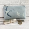 Large purse, coin purse in blue with flying swallows