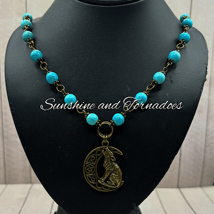 Handmade Turquoise Bead Wolf Moon Necklace - Bronze Wolf Pendant Necklace - Gift