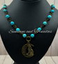 Handmade Turquoise Bead Wolf Moon Necklace - Bronze Wolf Pendant Necklace - Gift