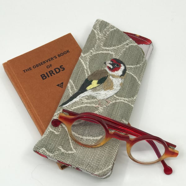 Soft glasses case with hand embroidered goldfinch