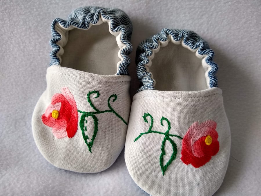 Soft denim red flower baby shoes with repurposed vintage embroidery 3 - 6 months