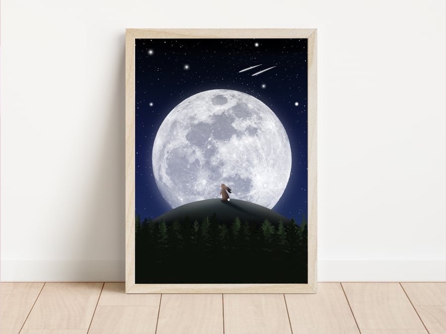 Full Moon Hare Print, Moon Gazing Hare, Folklore Pagan Artwork.