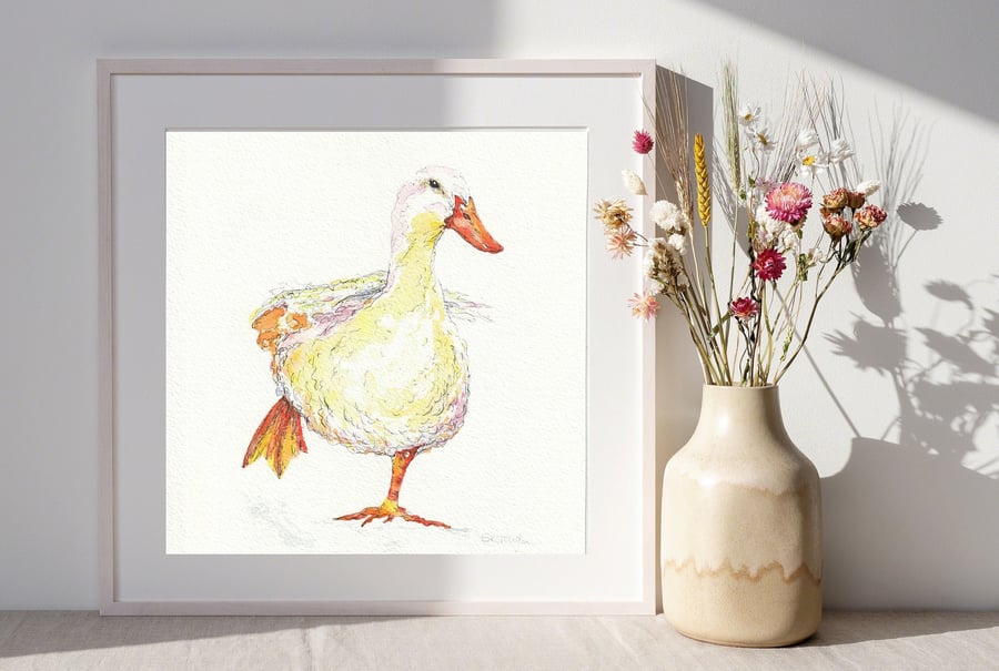 Cute DUCK in Mid-Walk - Original Watercolour Pen Artwork Farm Animals