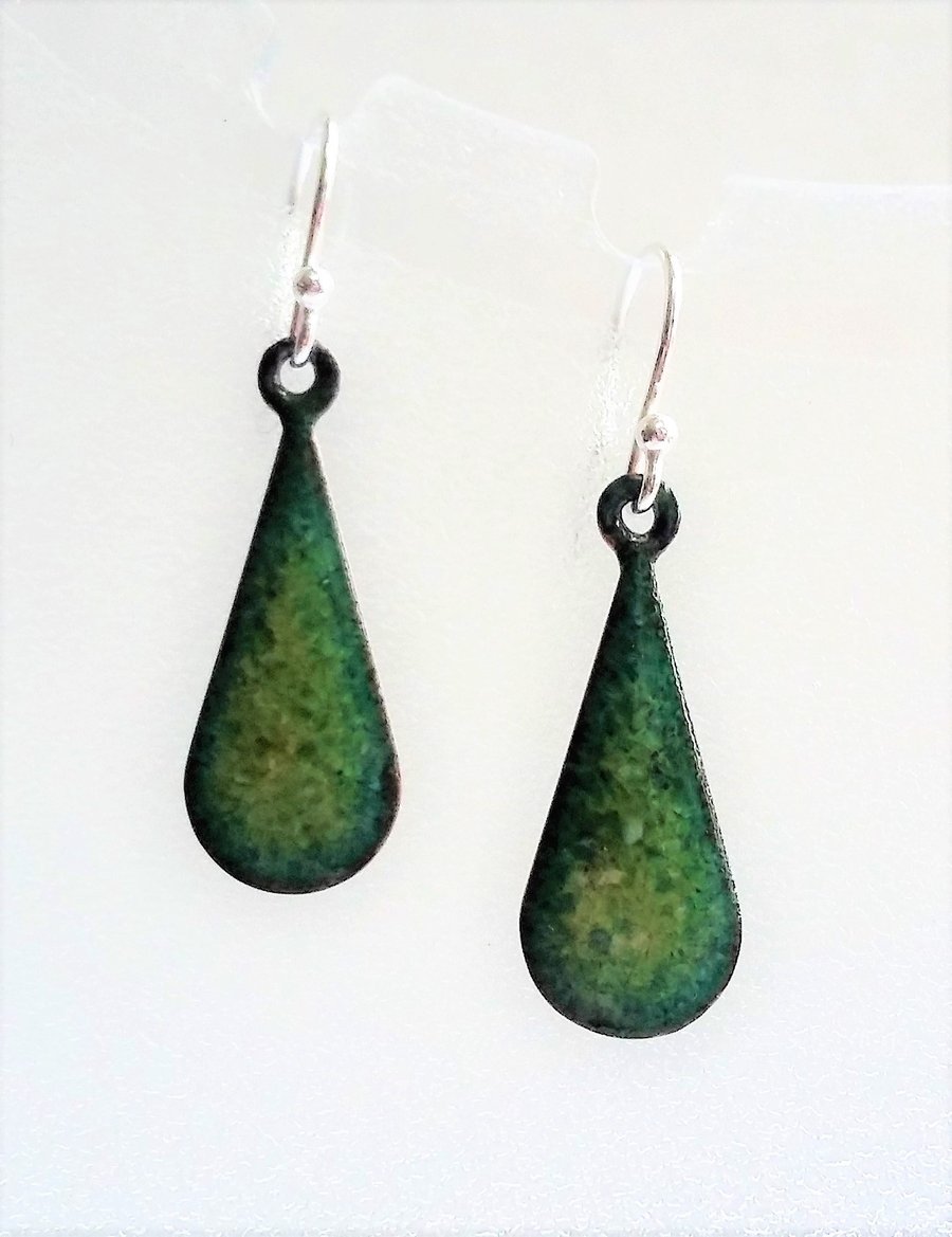 Green teardrop enamelled copper earrings 090