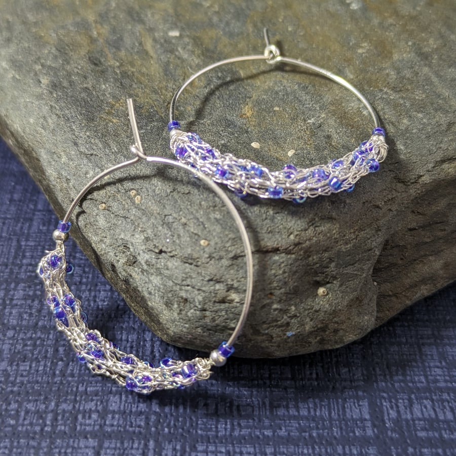 Woven Silver and Miyuki Bead Hoop Earrings