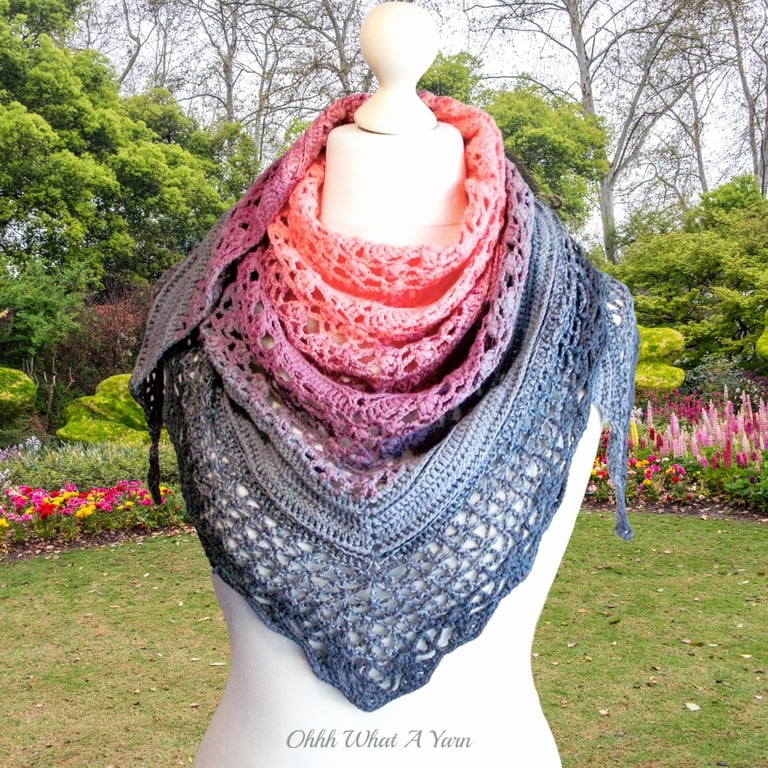 Crochet ombre lace cotton shawl in shades of peachy pink and grey. Crochet shawl