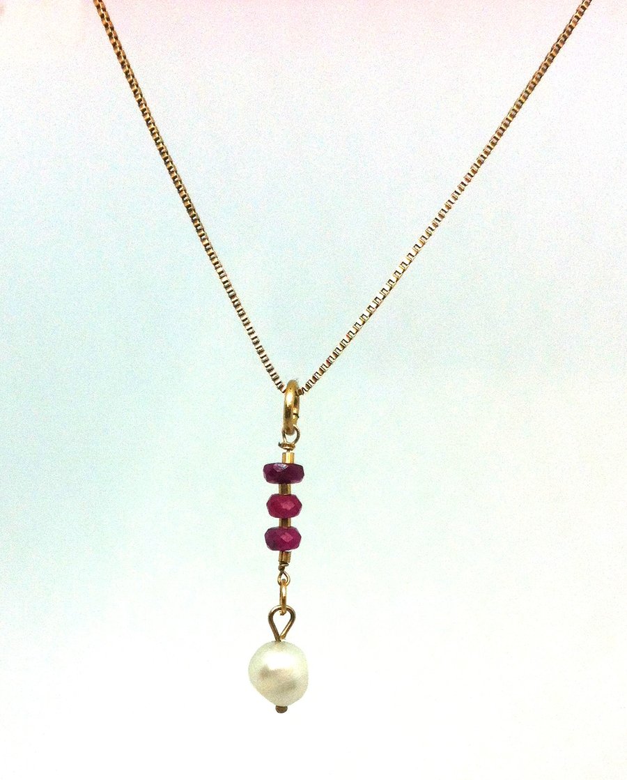 Ruby & Freshwater Pearl beaded pendant with 9ct gold necklace chain