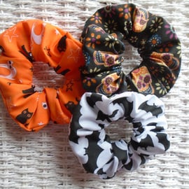 Pack Of 3 Gothic Halloween Hair Scrunchies Cats Bats Skulls