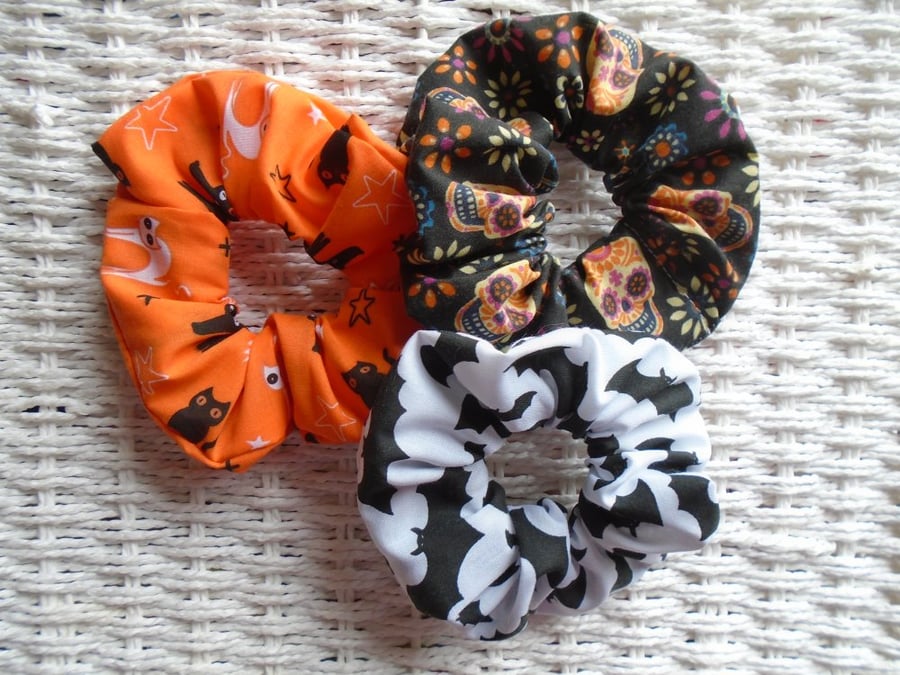 Pack Of 3 Gothic Halloween Hair Scrunchies Cats Bats Skulls