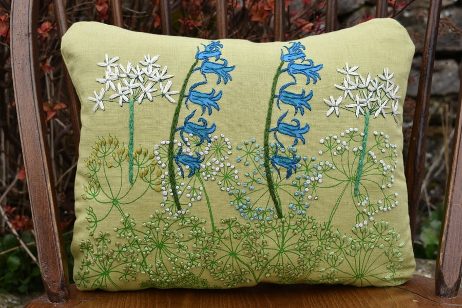 Apple green - Bluebells and Cow Parsley - Screen printed cushion 