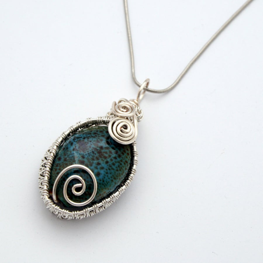 Green Ceramic Wirework Pendant Necklace - Choice of 2 Designs