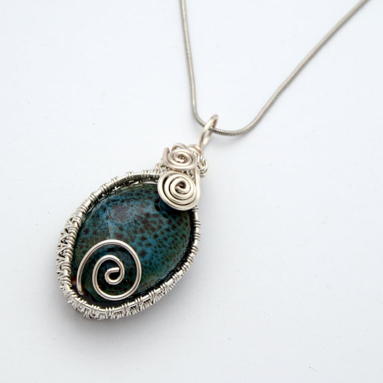 Green Ceramic Wirework Pendant Necklace - Choice of 2 Designs