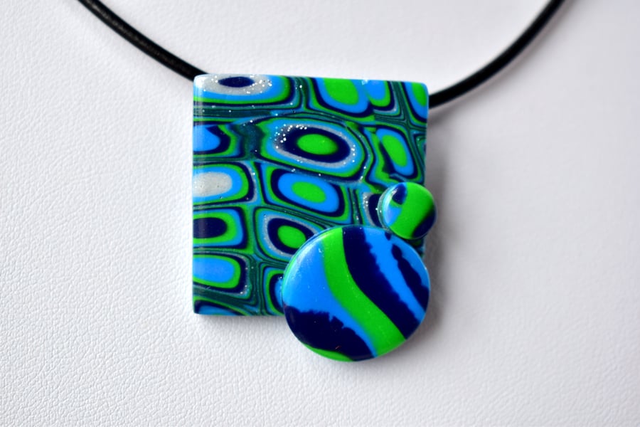 Tropical Dream Millefiori Style Blue Green Polymer Clay Pendant & Earring Set