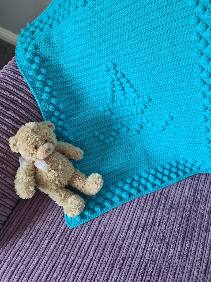 Crochet Baby Blanket - Ready Made - Bobble Ship Boat Blanket - Bright Blue