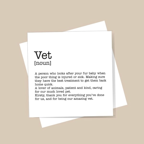 Vet Definition Card - Birthday, Thank you, personalised, blank inside