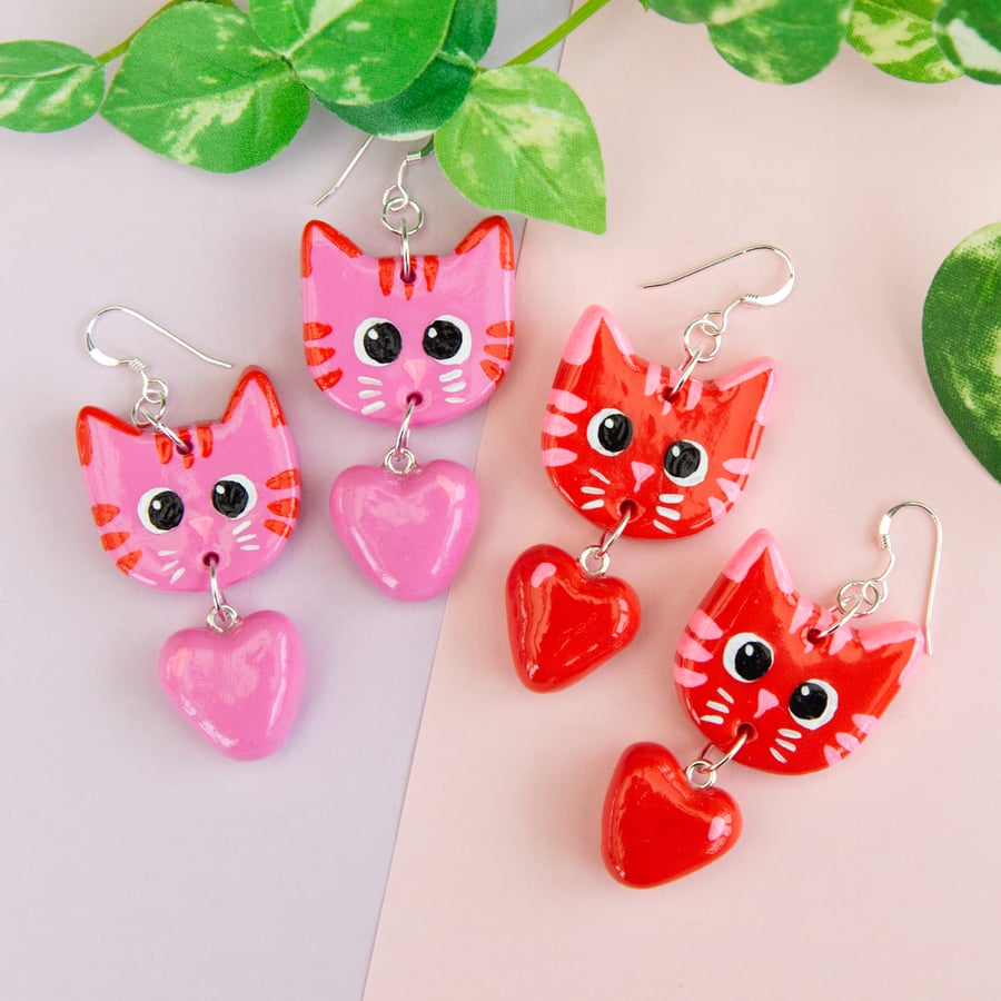 Cute Valentine's Pink and Red Cat Earrings