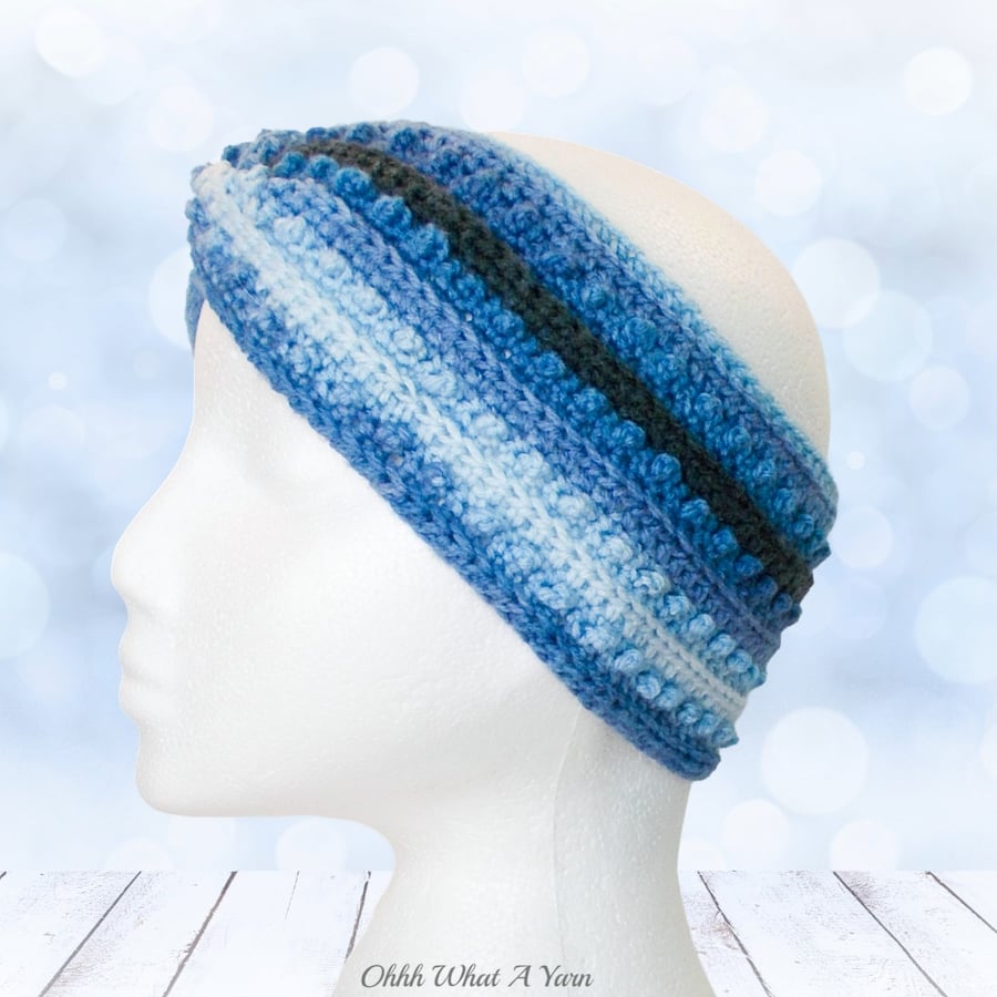 Crochet headband, ear warmer. Blue ombre twisted ear warmer. Blue headband.