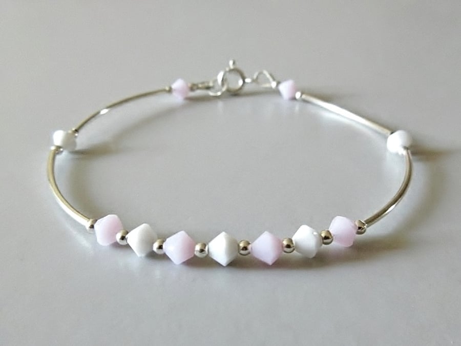 Pastel Pink & White Crystals Bangle Bracelet - Gift For Her Under 30GBP