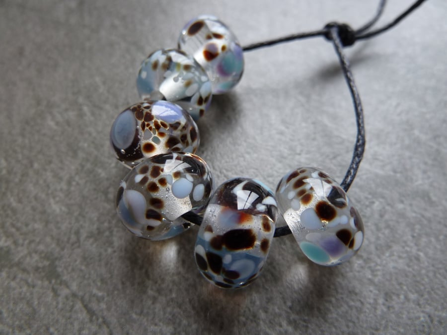 lampwork glass beads, blue and brown frit set