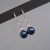 Simple Navy Pearl Drop Earrings - Dark Blue Bridesmaids Gifts. - Navy Wedding