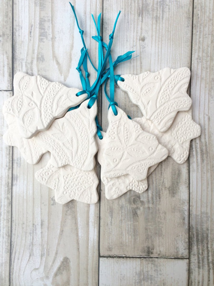 Christmas Trees imprinted with vintage lace - Ceramic White Christmas Trees