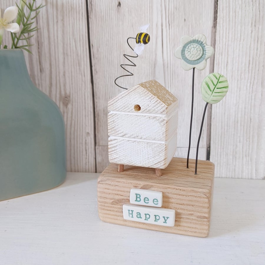 Wooden Beehive With Clay Flower Garden and Bee 'Bee Happy'