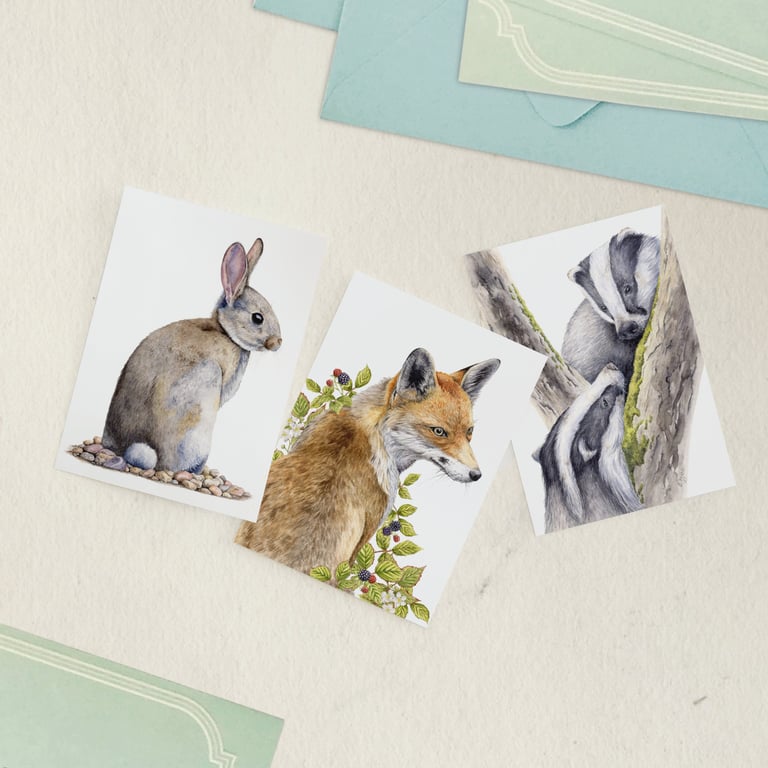 Wildlife greetings cards, pack of 3, A6 size blank notelets, fox, badger, rabbit