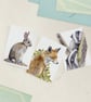 Wildlife greetings cards, pack of 3, A6 size blank notelets, fox, badger, rabbit