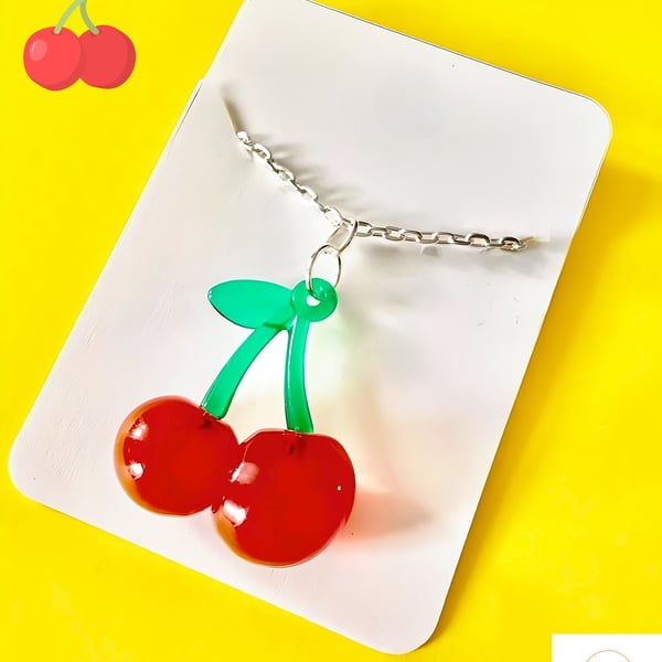 Fun Resin Cherry Fruit Necklace, 18 Inch Chain, Quirky Jewellery Festivals