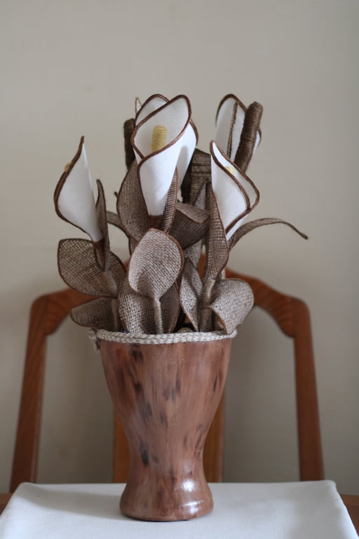 Large Vase, Gifts for mom,  Artificial Calla Lily Burlap and Fabric Vase, Unique