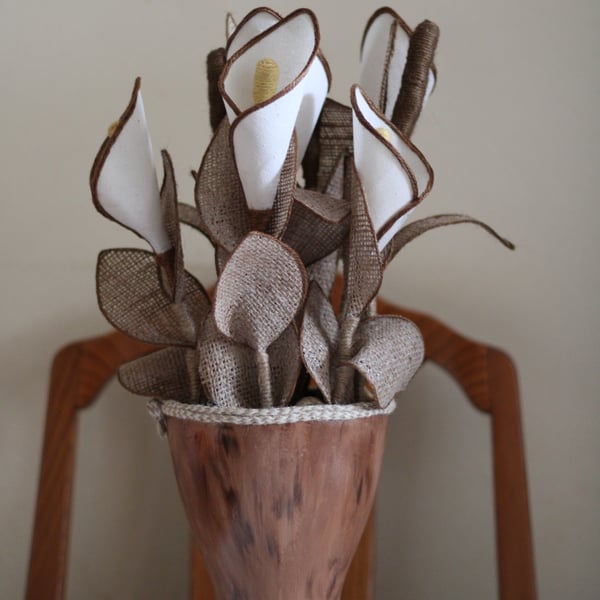 Large Vase, Gifts for mom,  Artificial Calla Lily Burlap and Fabric Vase, Unique