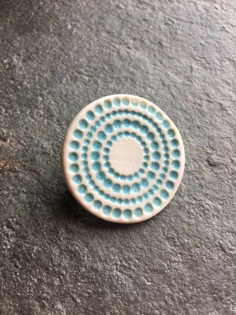 Spotty circles brooch, aqua glaze, white, porcelain, contemporary