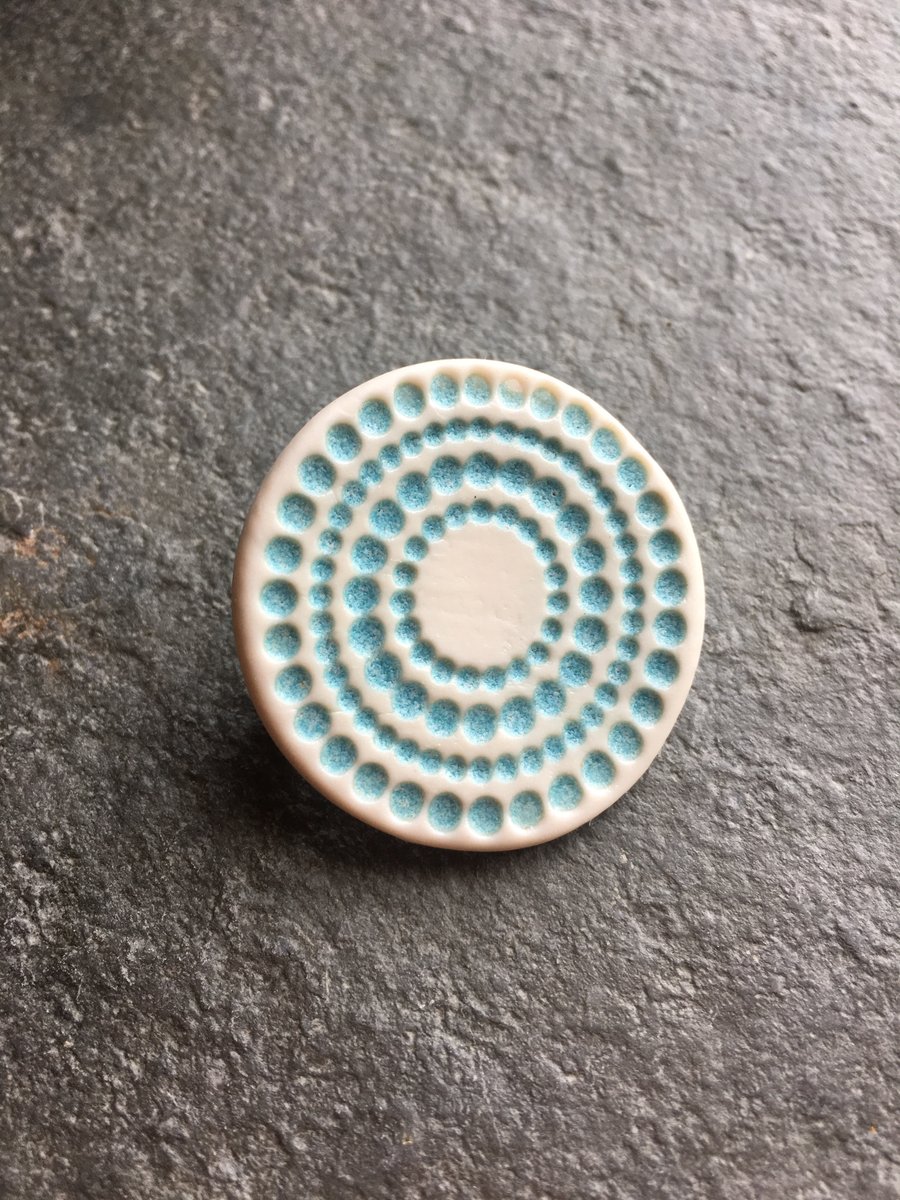 Spotty circles brooch, aqua glaze, white, porcelain, contemporary