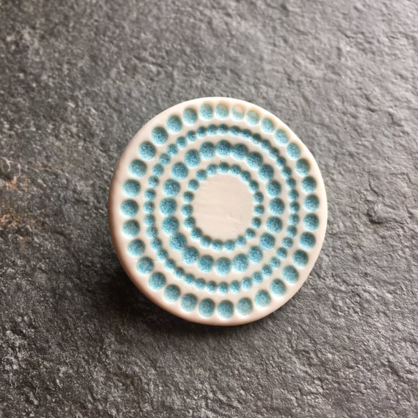 Spotty circles brooch, aqua glaze, white, porcelain, contemporary