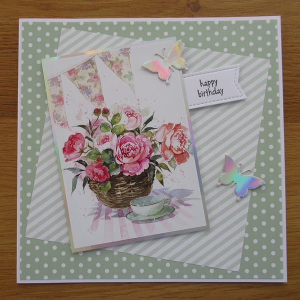 Pink Flowers & Bunting - Large Birthday Card