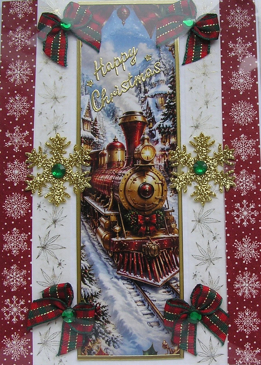 Hand Crafted Decoupage Chistmas Card - Happy Christmas (3395) Steam Train