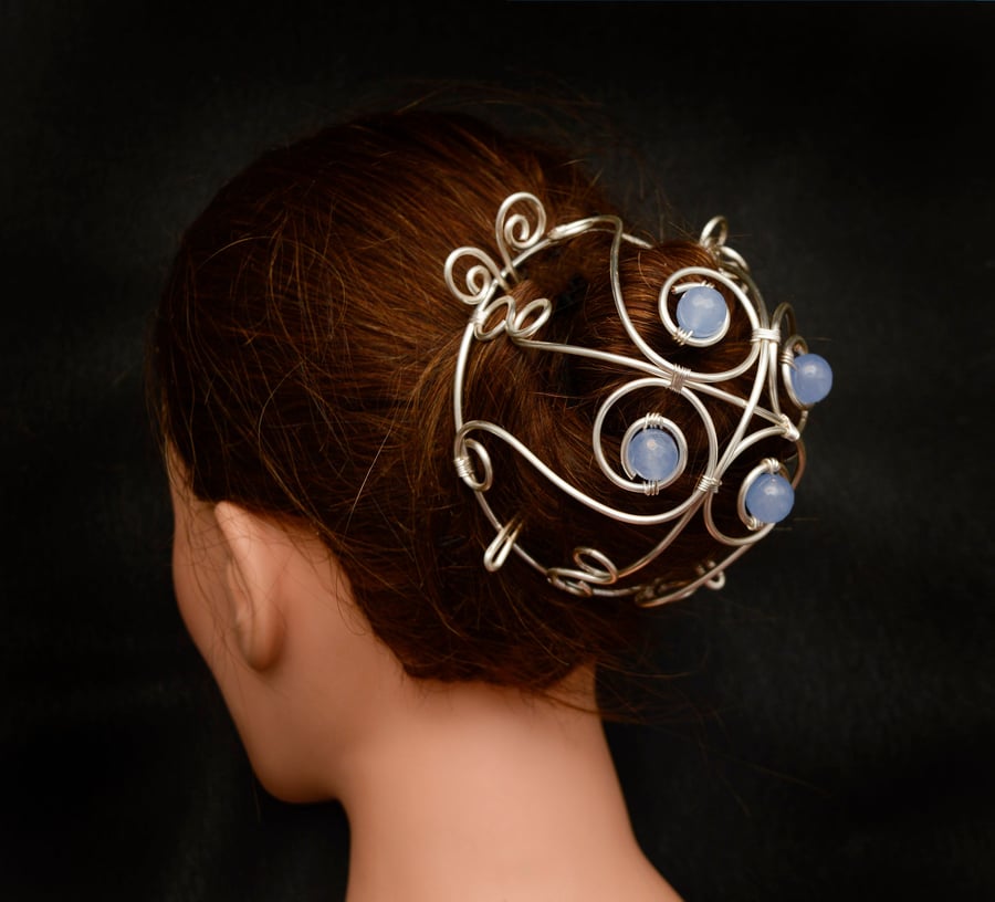 Light pale blue agates Silver Spiral design silver bun cage,hair bun holder,