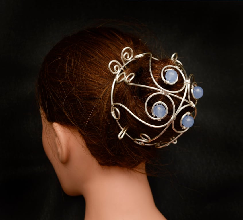 Light pale blue agates Silver Spiral design silver bun cage,hair bun holder,